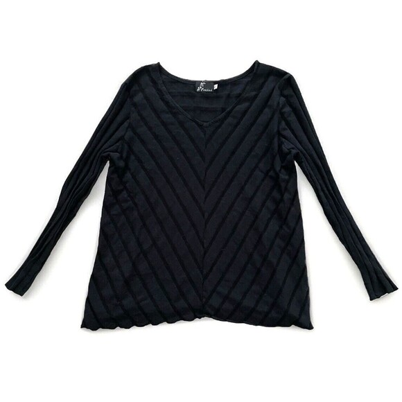 FENINI Black Stripe Scoop Tunic top LARGE Burnout 3/4 sleeve Lightweight - Picture 1 of 5